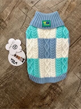 NWT XS Dog Sweater To a Turn Blue Turquoise Checkered Cable Knit Turtleneck